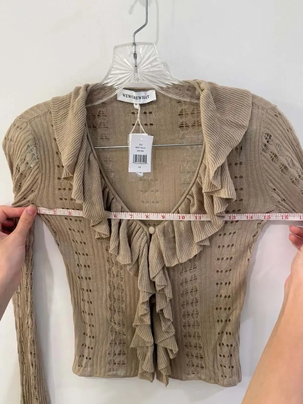 WeWoreWhat Ruffle Detail Knit Long Sleeve Cardigan in Safari